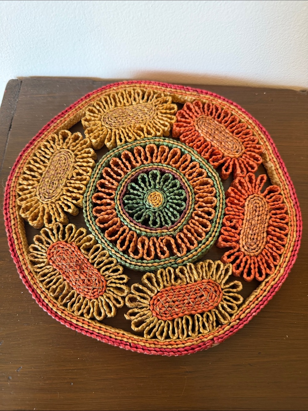Handwoven Trivet Sunburst Decorative Placemat - Orange, Mustard & Green